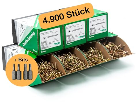 PARCO Spanplattenschrauben Sortiment 4900 Stück – Holzschrauben Set (3x16 mm bis 5x60 mm) mit TX Antrieb & Gelb Verzinkt – Universalschrauben mit Senkkopf – Profi Schraubenset für Holz & Spanplatten