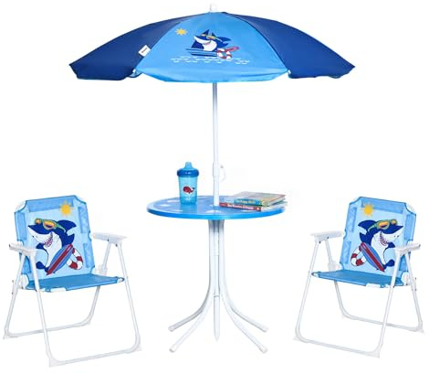 Outsunny Kindersitzgruppe, 4 teilige Kindersitzgarnitur mit Sonnenschirm, Kindertisch mit 2 Klappstühlen, Outdoor Picknicktisch für Kinder 3-6 Jahre, Gartenmöbel für Garten, Hinterhof, Terrasse, Blau