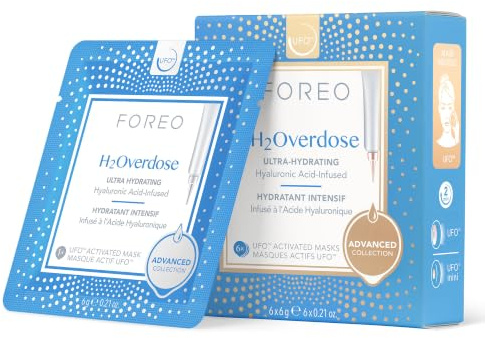 H2Overdose Advanced Collection 2.0 UFO-aktivierte Gesichtsmaske - Feuchtigkeitsspendendes Facial - Beauty & Körperpflege - Hyaluronsäure & Vitamin E - Alle Hauttypen - Trockene, schuppige Haut - 6 Stk