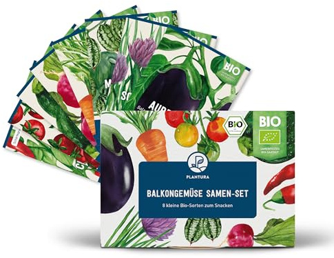 Plantura Bio-Balkongemüse Samen-Set, samenfestes Bio-Saatgut für Mini-Sorten zum Snacken, keimstarke Samen, 8 Sorten für bis zu 200 Pflanzen