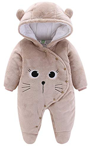 JiAmy Baby-Overall Baby-Strampler Flanell Winter-Strampelanzug mit Füßchen Kapuze Cartoon,Khaki 0-3 Monate