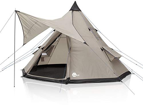 your GEAR Zelt Numana 400 Tipizelt Familienzelt 4-6 Personen Sonnensegel Stehhöhe UV 50+ Schutz Bodenwanne wasserdicht 5000 mm Beige Grau