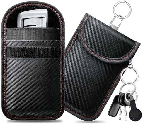 caslord 2 Stück Klein Keyless Go Schutz Autoschlüssel | rfid blocker autoschlüssel | Kohlefaser Leder | faraday bag | autoschlüssel schutz keyless | Rot+Rot