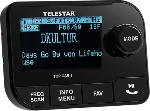 TELESTAR TOP CAR 1 – DAB+ Adapter für Autoradios, microSD-Slot – Schwarz | FM-Transmitter, Line-Out-Anschluss, Bluetooth Audio-Streaming, 2,3″ Display, Saughalterung
