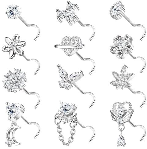 Kakonia 12Stück 20G Nasenpiercing Stecker für Damen Edelstahl Nasenstecker Versilbert L S Form Korkenzieher Piercing Nase Nose Stud Nostril Piercing für Damen
