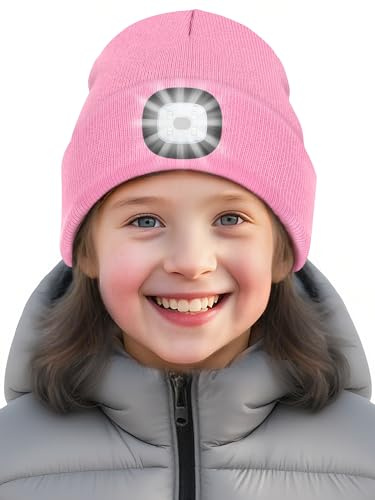 SPGOOD Wiederaufladbare mütze mit LED licht für Kinder, für Jungen und Mädchen, abnehmbare und waschbare warme beleuchtete mütze mit Lampe für den Winter im Freien(A-Rosa)