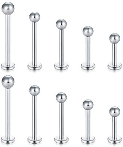 Longita 5 Paar(10 Stück) 16G Chirurgenstahl Lippenpiercing Labret Monroe Ring Tragus Helix Piercings Ohrringe Stud Schmuck 6-14mm-Silber