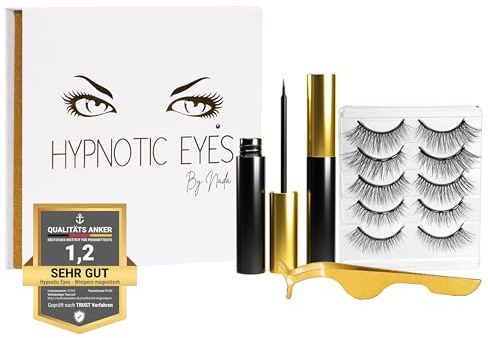 HYPNOTIC EYES – Magnetische Wimpern mit Eyeliner, Set 5 Paar 3D Effekt natürlich aussehende Wimpern, 2 Tuben Eyeliner und eine Zange, Magnet Wimpern wiederverwendbar, handgemacht