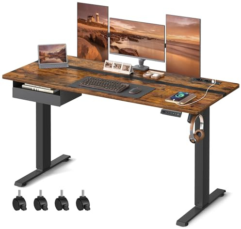 VASAGLE Höhenverstellbarer Schreibtisch elektrisch, 160 x 70 cm Tischoberfläche, Memory-Funktion mit 4 Höhen, mit Steckdosen und Stoffschublade, vintagebraun-tintenschwarz LSD116X01