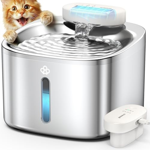 oneisall Katzenbrunnen Kabellos, 3.5L Trinkbrunnen für Katze Edelstahl, 5000mAh Akku, Katzen Trinkbrunnen mit Bewegungsmelder, Leise Wasserpumpe, 3 Filter