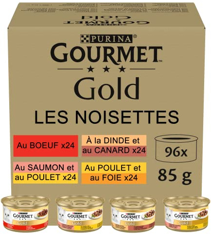 Gourmet Gold Feine Pastete, Katzenfutter nass, mit Kaninchen, Rind, Kalb, Lamm, 96er Pack (96 x 85g)