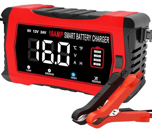HTRC 16A Autobatterie Ladegerät, 6V/12V/24V Batterie Ladegerät für Auto LKW Motorrad Rasenmäher Boot Marine Batterien, Lithium, LiFePO4, Blei-Säure Ladegerät für AGM, Gel, EFB usw