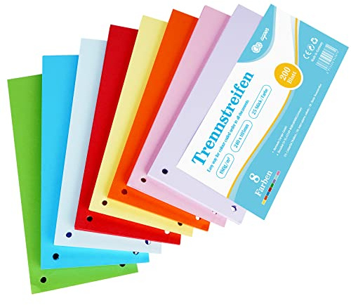 Trennstreifen bunt 200 Stück, 8 Sortiert Farben Register- 24 x 10,5cm Trenner Gelocht Recycelter Karton, 180 g/m² Bedruckbar Papier Karten für Sortieren Ordner