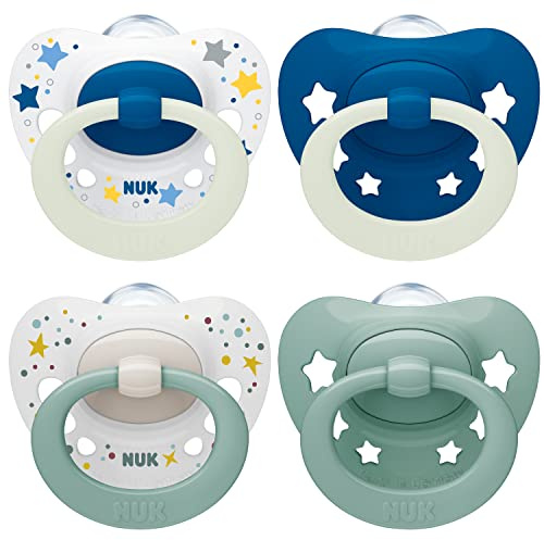 NUK Signature Day & Night Babyschnuller | 0-6 Monate | Beruhigt 95 % der Babys | BPA-freie Silikonschnuller in Herzform | Leuchtet im Dunkeln | Sterne | 4 Stück