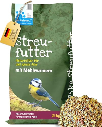 Futterbauer 25kg SCHALENLOSES Streufutter !MIT MEHLWÜRMERN! Vogelfutter Ganzjahresvogelfutter