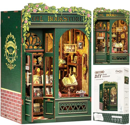 CUTEBEE Book Nook Kit Owl Bookstore - DIY Miniatur Haus mit LED, 3D Puzzle Erwachsene, Mini Puppenhaus als Bücherregal Deko, Miniatur Bibliothek Bausatz für Kreative, Geschenk für Erwachsene