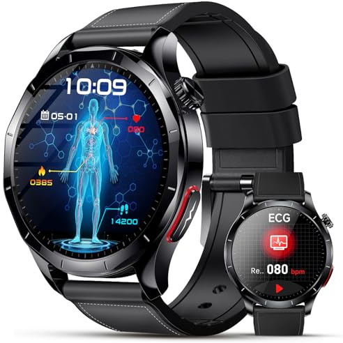 Lgnitek Smartwatch Herren mit EKG+HRV/ΒΙυtdruckmessung/ΒΙυτｚυcker/Harnsäure/BMI, 1,43 Zoll AMOLED Gesundheitsuhr mit SOS-Notruf, 24/7 Herzfrequenz/Apnoe/Schlafmonitor/SpO2, Android/iOS