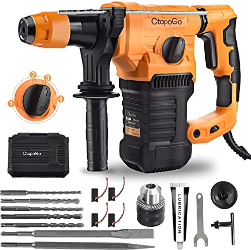 Bohrhammer 1500W Abbruchhammer mit SDS-Plus und 4 Funktionen in 1, 3900BPM und 800RPM, Anti-Vibrationen Griff und Sicherheitskupplung, Max Bohrdurchmesser: 32mm, einschließlich Fett, Meißel und Bohrer