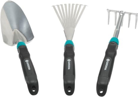 Gardena Comfort Kleingeräte-Set: ideales Set für Blumenbeet und Balkon bestehend aus Blumenkelle, Kleinbesen und Blumenrechen (8964-60)
