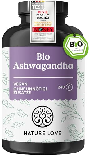 NATURE LOVE® Bio Ashwagandha - 240 Kapseln - Hochdosiert mit 1950mg je Tagesdosis - Hochwertiges indisches Ashwagandha - Laborgeprüft, vegan, in Deutschland produziert