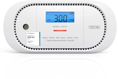X-Sense Kohlenmonoxid Melder, TÜV-Zertifiziert, mit digitalem LCD-Display, CO Melder mit austauschbarer 5-Jahres-Batterie und Spitzenwertspeicher, XC01-R