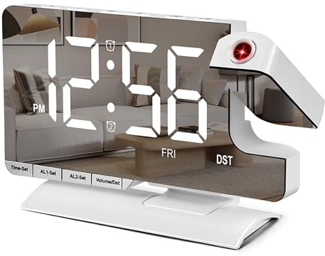 SZELAM Digitaler Projektionswecker,Wecker Projektion,7.3 Spiegeluhr 180°Drehbarem Projektor,Dual Alarm mit 3 Modi Helligkeitsregelung Sommerzeit,Schlummerfunktion,Ladeanschluss,5 Lautstärkestufen