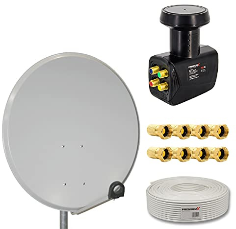 Premium X Satelliten-Komplettanlage 80cm Satellitenschüssel SAT Quad LNB 10m Antennenkabel 8X F-Stecker