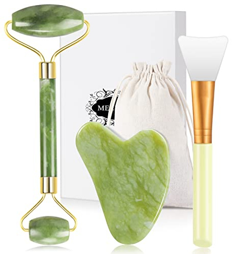 Jade Roller Set für Gesicht, Gua Sha Stein Massageset Gesichtsmassagegerät Natürlicher Schaben Stein Massage Werkzeug mit Maskenpinsel für Anti-Aging