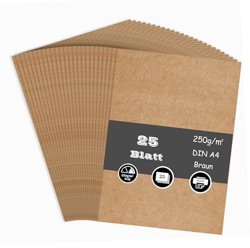 25 Blatt Kraftpapier, 250g/m²Tonkarton - DIN A4 Bastelkarton für Malen Kartenherstellung Einladungen Scrapbook Basteln