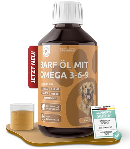 5-in-1 Barf Öl Hund [Made IN Germany, 100% NATÜRLICH & LABORGEPRÜFT] – Omega 3-6-9 Komplex mit Premium Lachsöl, Leinöl, Rapsöl & Borretschöl – Kaltgepresstes Futteröl (250ml)