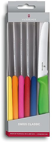 Victorinox Swiss Classic, Frühstücksmesser, Brötchenmesser, Scharfe Klinge, Wellenschliff, 11 cm, Kunststoffgriff, Rostfreier Stahl, Set 6teilig, Mehrfarbig