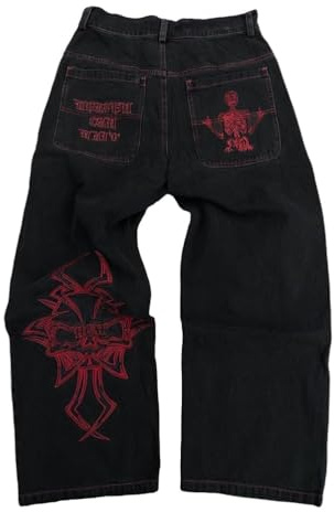 ORANDESIGNE Y2k Jeans Herren Hip Hop Retro Schädel Stickerei Gewaschen Baggy Denim Hose Lässig Lose Weites Bein Hose Streetwear