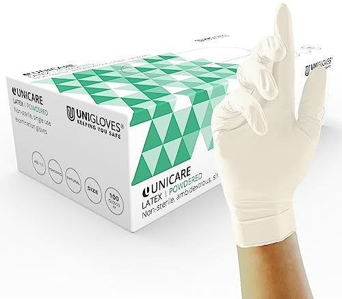UNIGLOVES Unicare Latex-Einweghandschuhe - vielseitig einsetzbar, leicht gepudert, Untersuchungshandschuhe - Box mit 100 Handschuhen, naturfarben, Mittel (GS0023)