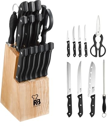 RENBERG Tenessy | Küchenmesser | 15-teiliges Komplettset mit Holzgriff | Perfekt zum Schneiden aller Arten von Zutaten | Profiküche | Hergestellt aus Edelstahl