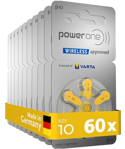 Varta Power one Hörgerätebatterien Typ 10 gelb, Batterien 60 Stück Vorratspack, wireless approved, Größe p10 für Hörgeräte und Hörhilfen, high hearing level, quecksilberfrei, Made in Germany
