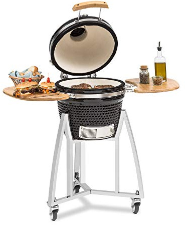 Klarstein Queensize Kamado-Grill - zum Grillen, langsamen Garen, Smoken oder Backen, abnehmbare Seitenteile, Materialien: Keramik, Edelstahl, Bambus, Thermometer von 0-450 °C, 3 Rollen, schwarz
