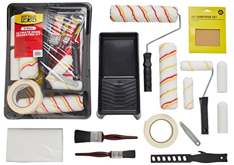 Fit For The Job 21-teiliges Farbroller- und Schalenset – Pinsel, Staubblatt, Schleifpapier, Klebeband, etc. – Rollensets für Wänden und Decken mit Dispersionsfarben, Mini-Rollen für Holz und Metall