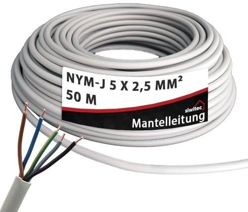 siwitec NYM-Kabel, NYM-J 5x2,5 mm², 50 m, Stromkabel, Mantelleitung, Installationskabel, Kabelring