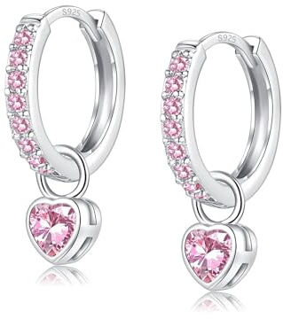 Silber 925 Ohrringe Hängend Pink Creolen Rose Mit Herz Rund Zirkonia für Damen Mädchen Herren (Pink-Herz)