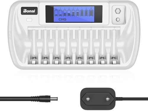 BONAI Intelligentes Ladegerät für AA AAA NI-MH Akkus und 9V Block, 9 unabhängige Ladeschächte, Batterieladegerät mit LCD-Display, Ladestation für wiederaufladbare Batterien