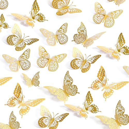 UCLEVER 3D Schmetterlinge Golden metallic Deko, 48 Stück 4 Stile, 3 Größen Gold Schmetterling Dekorationen für Geburtstag & Party Feiern (Gold)