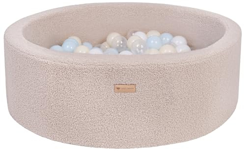 Velinda Bällebad Ballpool Kugelbad Bällchenbad Bällchenpool Pool Bouclé mit 200 Bällen (Farbe des Pools/der Bälle: cappuccinofarben/weiß, transparent, blau, gelb (Pastell))