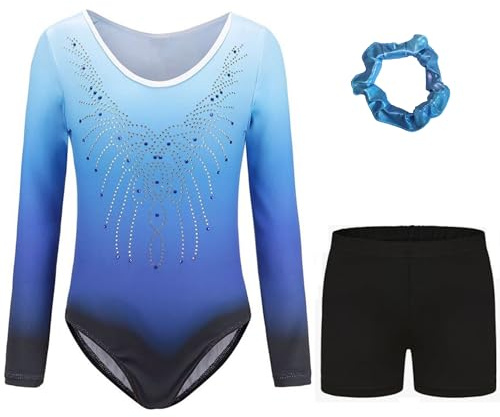 Kiscorpse Dreiteilige Gymnastikanzug Mädchen Turnanzug Leotard Set mit Turnshorts und Haarband, Langarm Ballettröckchen Kleid Trikotanzug Outfit Set