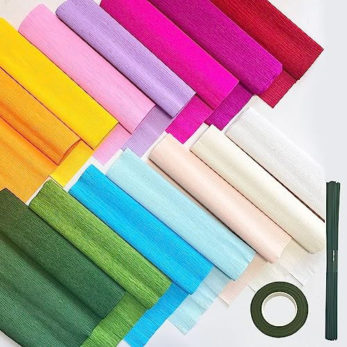 Krepppapier,14 Rollen Krepppapier Crepe Papier 25 x 250cm Bunt Zum Basteln Crepe Papier kreppband mit 50 Stück 30cm Grünes Kabel, 1 Rolle grünes Klebeband ffür Partydeko, Geburtstagsdeko