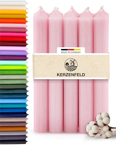 Stabkerzen Rosa, 10 Stück, 180mm x 22mm, Durchgefärbte Spitzkerzen, 8+ Stunden Brenndauer, Made in Germany - Ohne Tropfen & Rußen - Unparfümierte und RAL-Zertifizierte Tafelkerzen