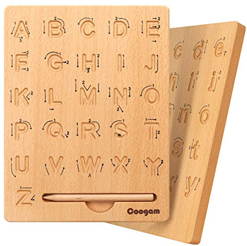 Coogam Hölzernes Letter Tracing Board Doppelseitig für 3 4 5 Jahren | Alphabet 123 Zahlen Erkenntnis Montessori Frühes Lernen STEM Vorschule Spielzeug Geschenk für 3 4 5 Jahren alte Kinder