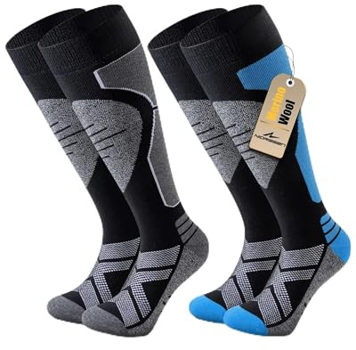 Niorasen 2 Paar Merino Skisocken Herren Damen, Thermo Snowboard Socken, Skistrümpfe mit Polsterung, Wärme Kniestrümpfe für Skifahren, Snowboarden, Outdoor Wintersport