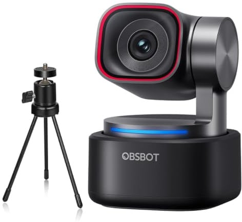 OBSBOT Tiny 3 mit Stativ, PTZ 4K-Webcam mit Spatial Audio, Tri-Mikrofon | 1/1,28-Sensor, 120 FPS DGG HDR, PC-Kamera mit KI-Tracking, Spracherkennung, PDAF, ideal für Meetings und Streaming, Usw