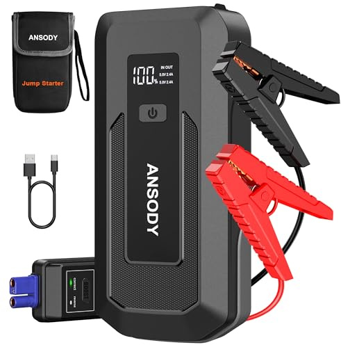 ANSODY 3000A Starthilfe Powerbank für Pkw (Bis zu 10L Benzin/8L Diesel), Auto 12V PKW Starter Powerbank mit LED,Batterie Booster Jump Starter Powerpack mit Starthilfekabel,Grau