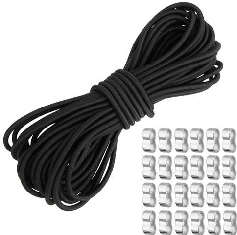 TAIXING Gummiseil 4mm x 10m, Expanderseil Schwarz, Elastische Gummischnur mit 24 M5 Zinklegierung Crimpschlaufe, Spannseil für Anhängerplane, Camping, Segeln, Planenseil, Robustes Gummikordel